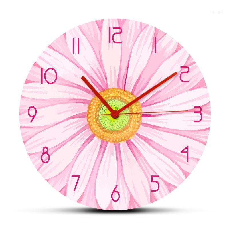 

Pink Watercolour Gerbera Daisy Flower Printed Wall Clock Watch Botany Pattern Non-Ticking Silent Movement Horologe Modern Design1