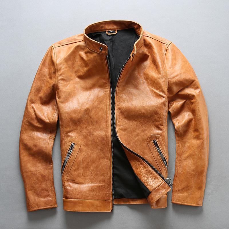 

Shipping 2021 Free Super Quality Cowhide Men's Genuine Leather Coat Motorcycle Rider Vintage Classic Jacket, Orange yellow