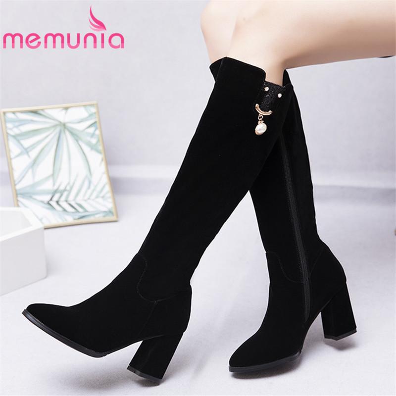 

MEMUNIA 2020 Newest fashion knee high boots women flock solid colors autumn winter woman boots high heel dress party shoes woman, Black