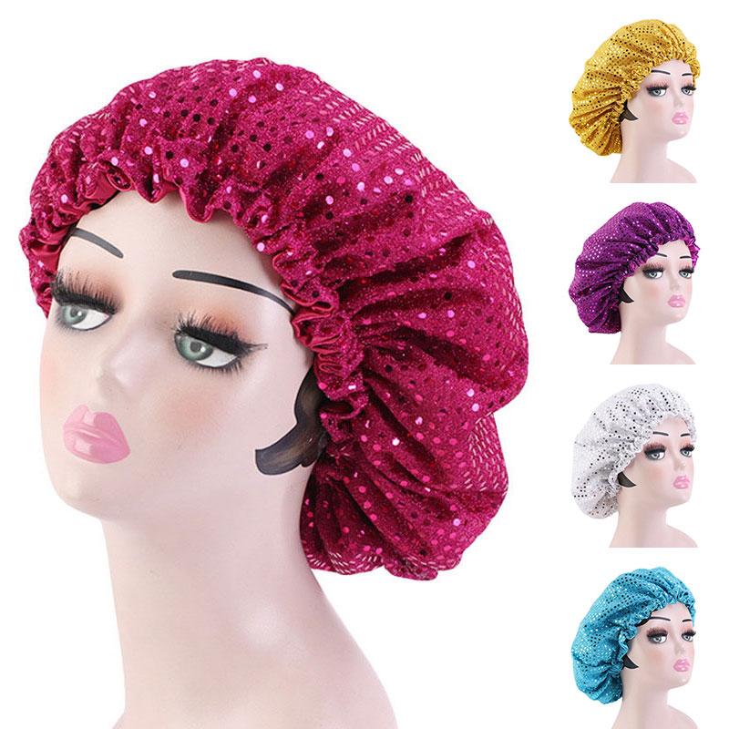 

women Night Cap hot Headscarf Sequins Turban Hat Sleep Hat elegent Muslim cap Bonnet Fashion Head Accessories Head Cover, White