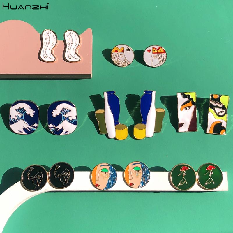 

HUANZHI 2020 New Enamel Abstract Clock Geometric Round Art Line Drip Glaze Pattern Asymmetry Stud Earring Jewelry for Women Girl