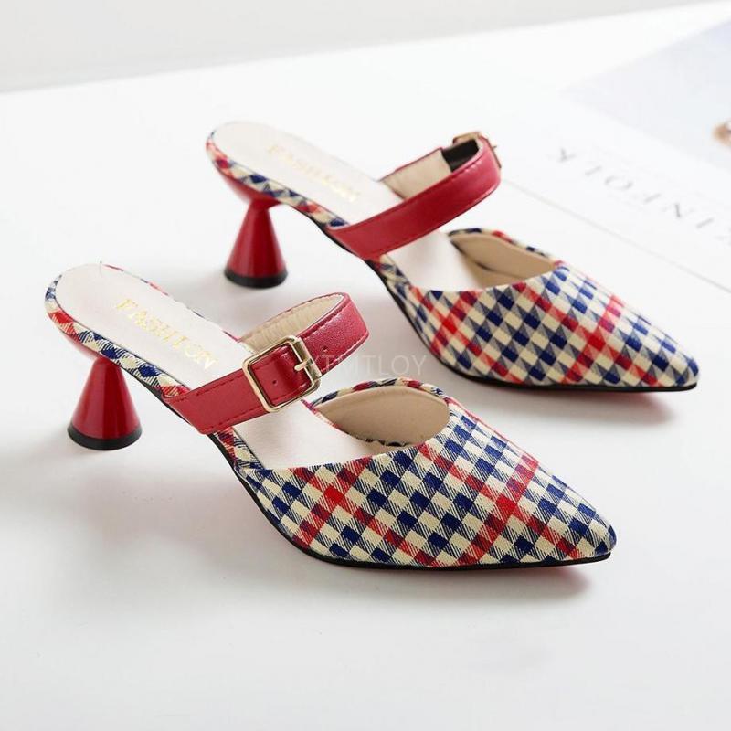 

Women Shoes Slip-On Pointed Toe Pump Heel Sandals Slippers Pumps Buckle Classic Lattice Decoration Zapatillas Mujer Casa1, Black