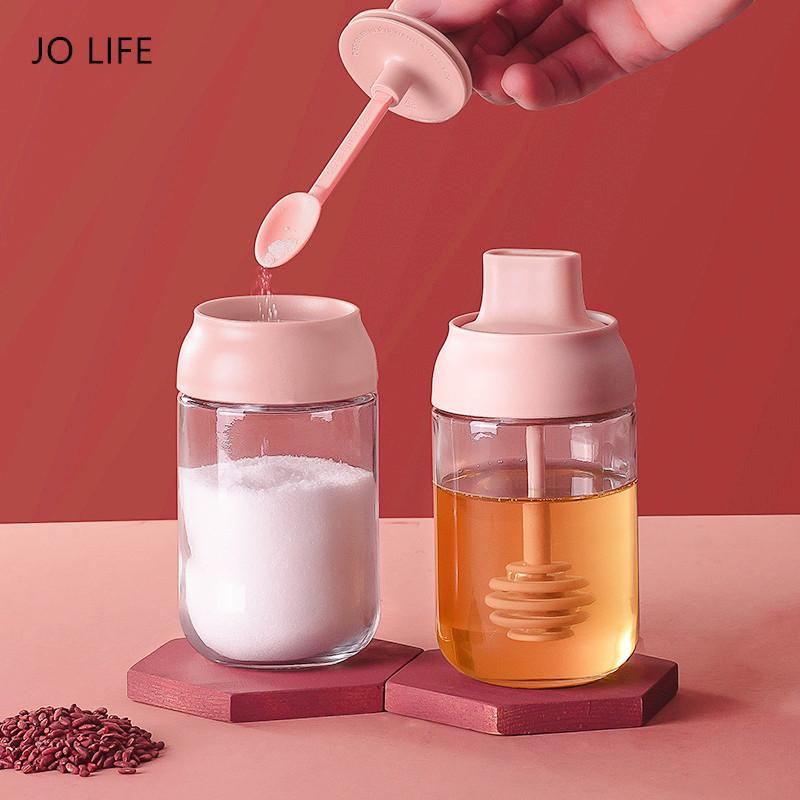 

JO LIFE 250ml Seasoning Bottle Glass Condiment Storage Container Honey Pot Oil Brush Bottle Spice jar with Spoon Kitchen Tools