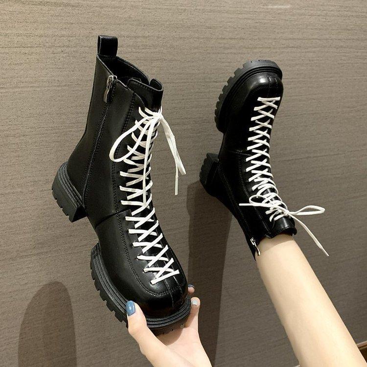 

Ankle Boots For Women 2020 Chic Swewing Line Botas Mujer Square Toe Zide Zipper Shoes Woman Chunky Heels Zapatos, Black