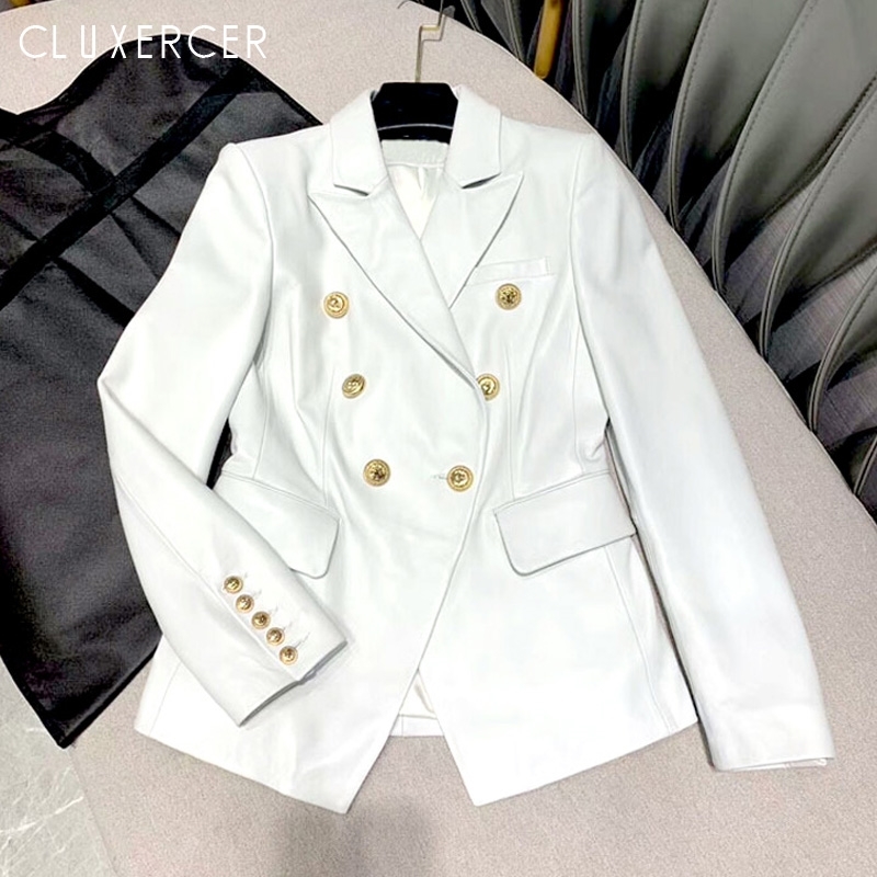 

Spring Autumn Women Pu Leather Blazer Fashion Button Double Breasted Faux Leather Jacket And Coat Casual Black White Jacket 201007, Beige