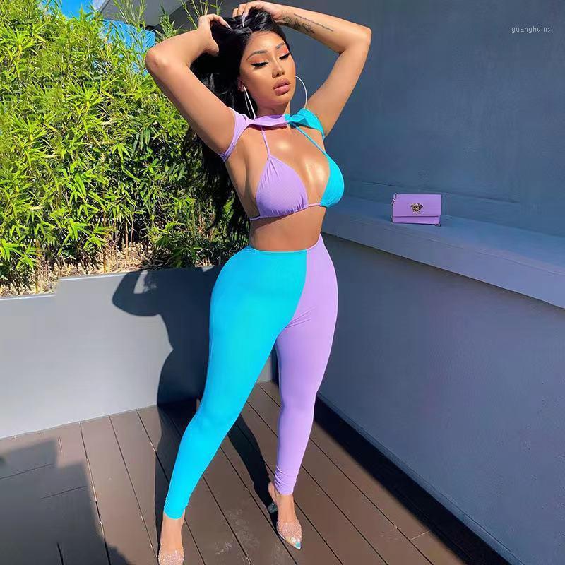 

European and American women' autumn new fashion hit color blouse wrapped chest pants casual suit1, Blue purple