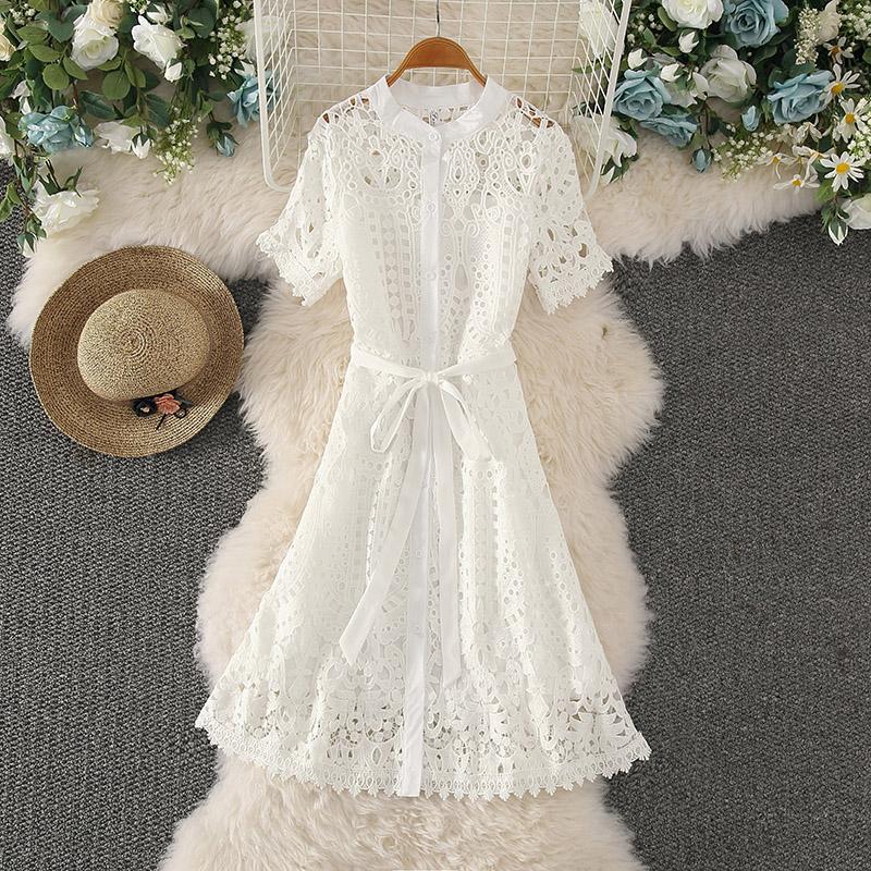 

Casual Dresses Fashion Sweet Short-sleeved Lace Splicing Summer Dress 2022 Robe Up Singele Breasted See Through Women 14258, Black;gray