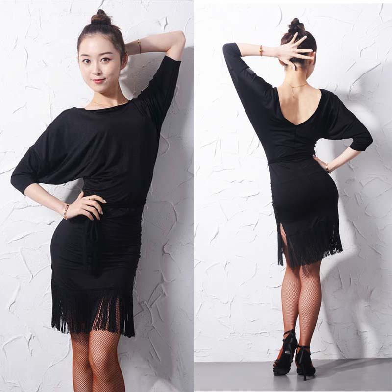 

Latin Dance Fringes Black Dress Bat Sleeve Dresses Adult Dance Practice Clothing Women Cha Cha Rumba Samba Dancewear1