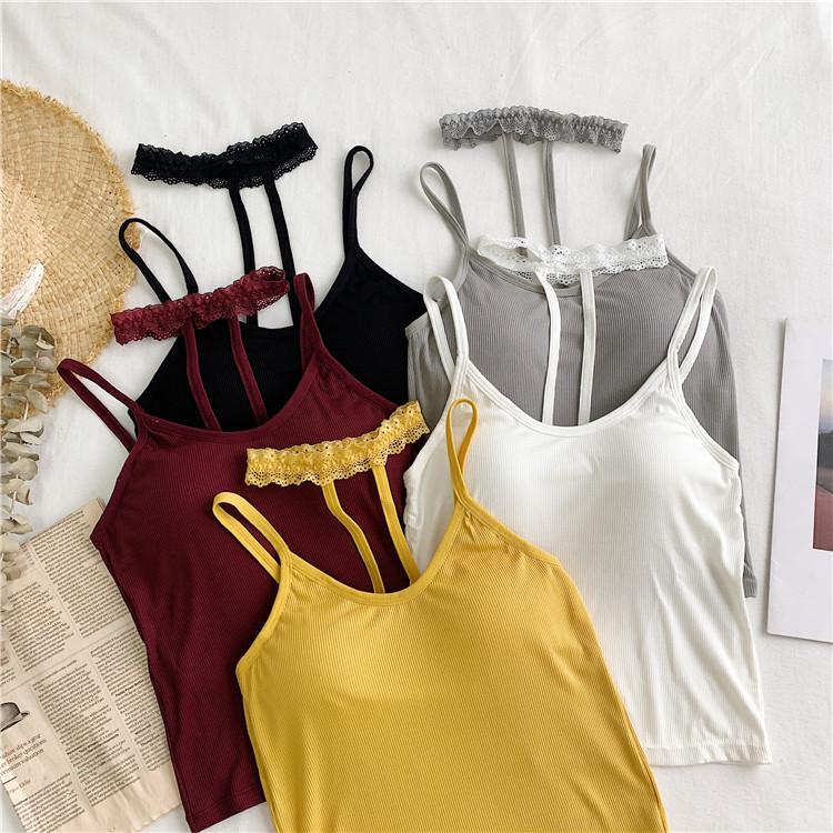 

Girls Sexy Lace Halter Neck Short Camis Tops With Seperated Bra Women Padding Tanks Crop Tops For Female, White