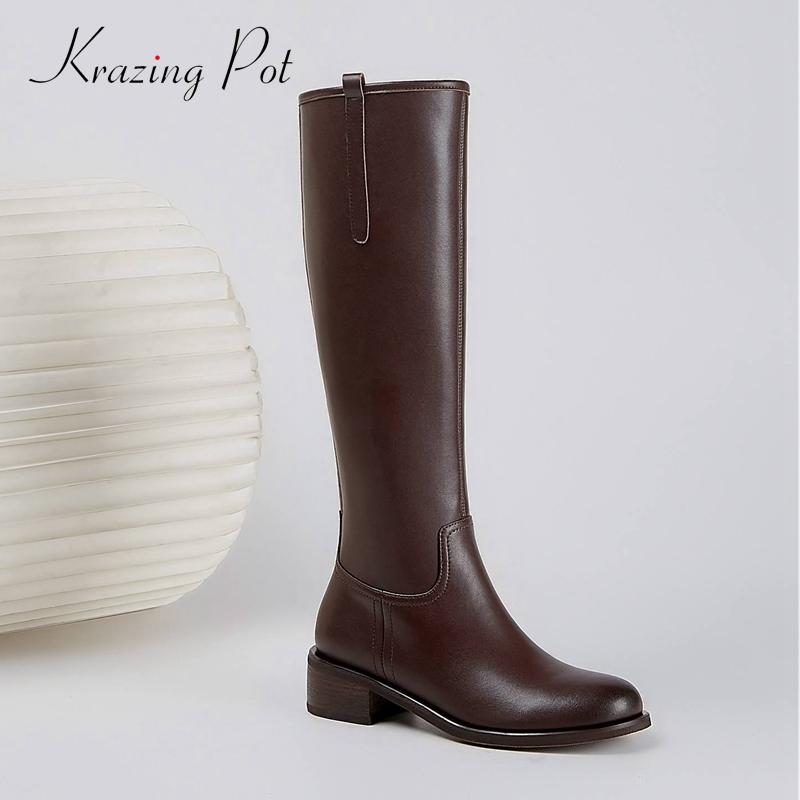 

Krazing Pot 2020 winter large size split leather british designer round toe thick med heel zip pretty girls knee-high boots L0f5, Black