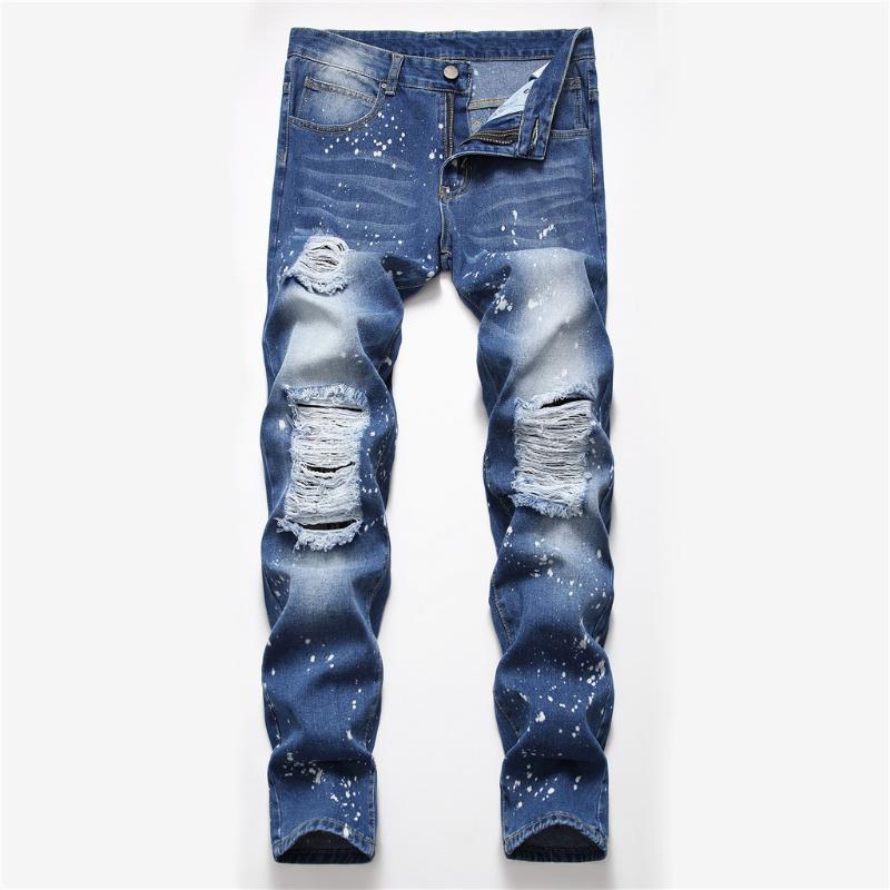 

Vogue Jeans Men Fashion Skinny Jeans Distressed Slim Elastic Denim Biker Male Trousers, Blue