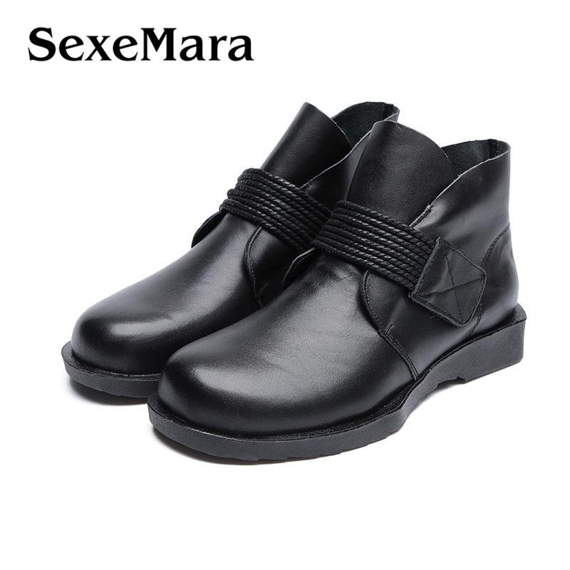 

SexeMara Spring Autumn Luxury Designer Women's Ankle Boots Round Toe Genuine leather Female Flat Boots Ladies Casual Shoes, Photo color black