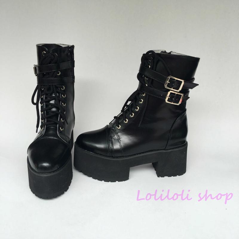

Princess punk shoes Lolilloliyoyo antaina Japanese design cos shoes custom black bright skin cross lacing thick heel boots 5221x