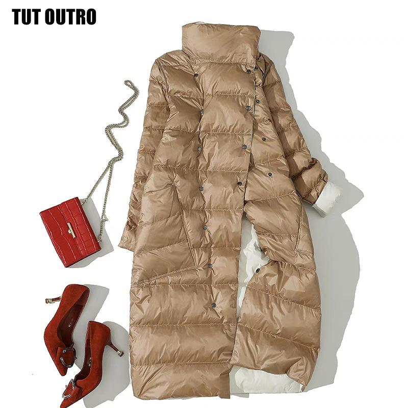

Women Double Sided Down Long Jacket Winter Turtleneck White Duck Down Coat Double Breasted Warm Parkas Snow Outwear
