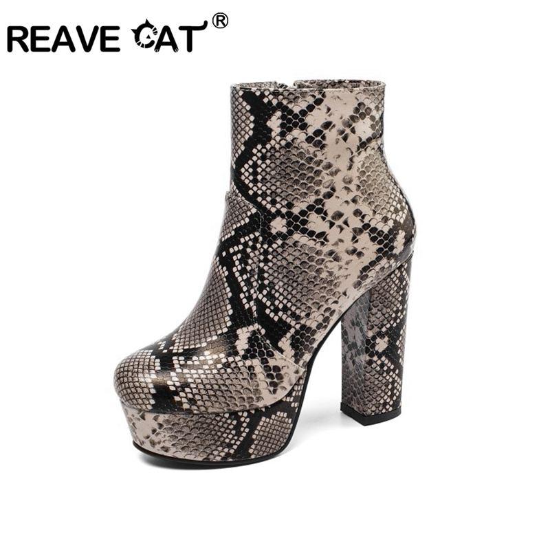

REAVE CAT Woman Platform Shoes snakeprint block high heel anke boots party booties black blue brown White thick bottom shoes, Apricot