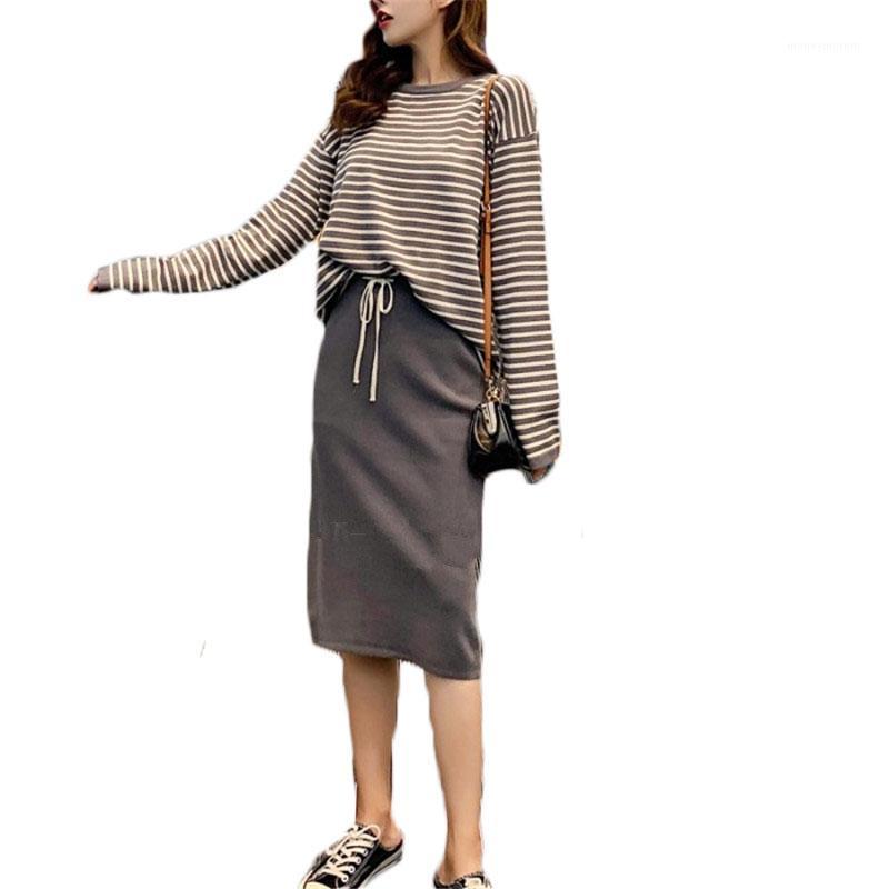 

2020 New Early Autumn Loose Skirt Suit Two-piece Long Sleeve Blouses Tops and Skirt Female Set Student Wild 2pcs Set NS22091, 2pcs black stripe