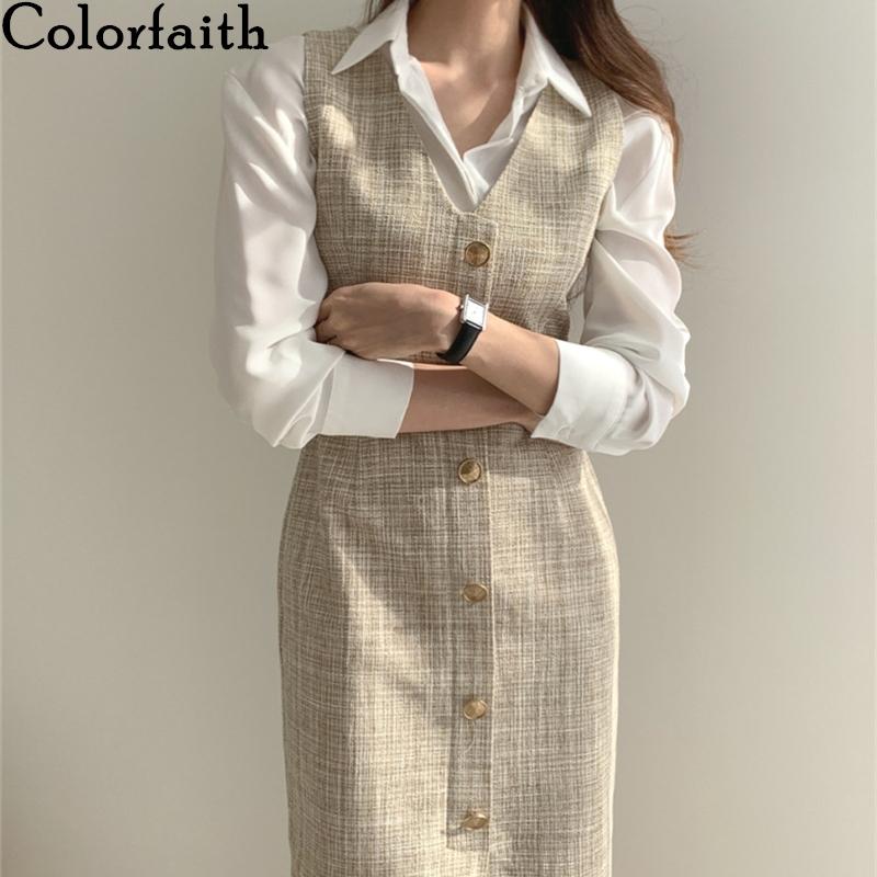 

Colorfaith New 2020 Autumn Winter Women Dresses Sleeveless High Waist Buttons Fashionable Check Office Lady Long Dress DR1323, Beige