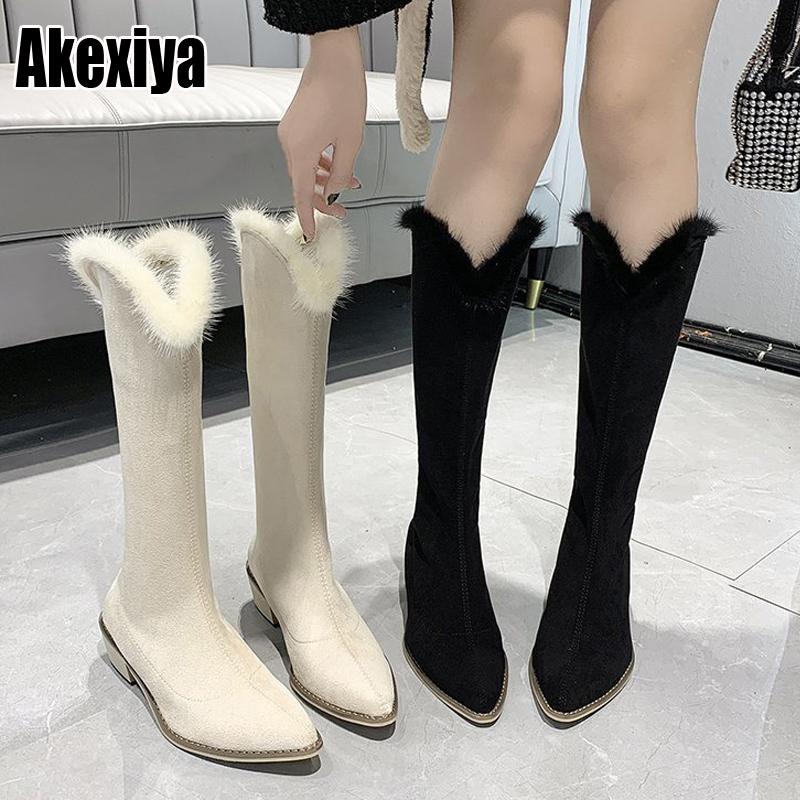 

Knees High High heels Boots Women Suede heels Boots Slip On Zapatos De Mujer Solid Riding Winter Shoes p616, Beige