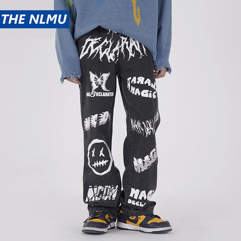 

Vintage Jeans Pants Hip hop Streetwear Men Butterfly Print Long Trousers Harajuku Spring Straight Denim Pants WY458, Blue