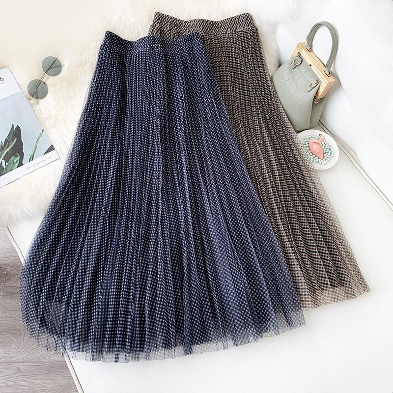 

Wasteheart New Blue Khaki Blue Women Skirt Women High Waist Mid-calf Long Skirt Mesh Plus Size Empire Casual Pleated Mesh