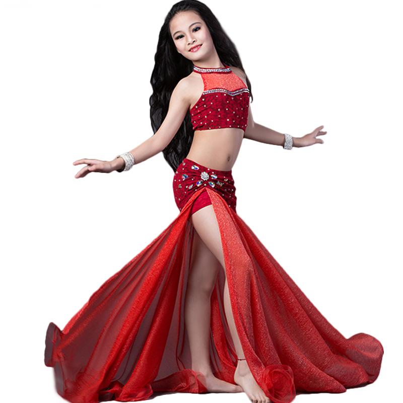 

Girls Belly Dance Costumes Sexy Clothes Kids Oriental Costume Children Belly Dancing Dress Stage Performance Wear DN1611, Red