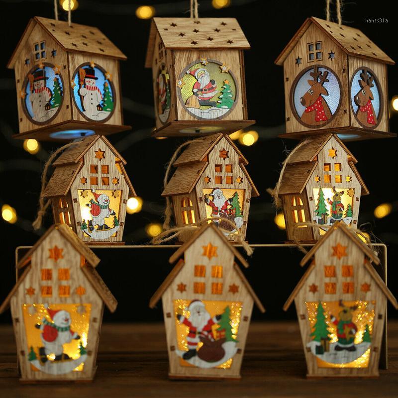 

LED Light Wood HOUSE Cute Christmas Tree Hanging Ornaments Christmas Luminous Decor Holiday Decoration Tree Toppers1