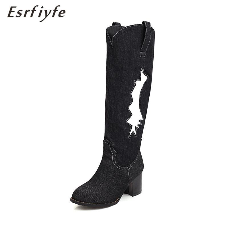 

ESRFIYFE New Fashion Large Size 34-48 Autumn Winter Women Knee High Boots Denim Women Shoes Round Toe High Heel Black Ladies