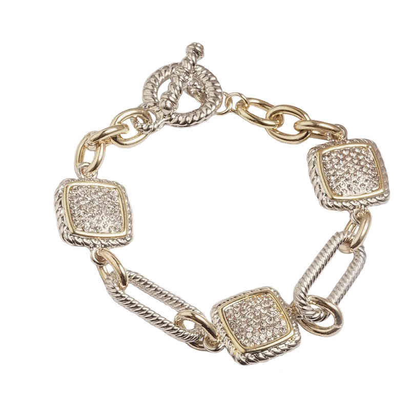 

Real Gold Plated Two Tone 3 Square Cable Link Chain Toggle Bracelet *TB025
