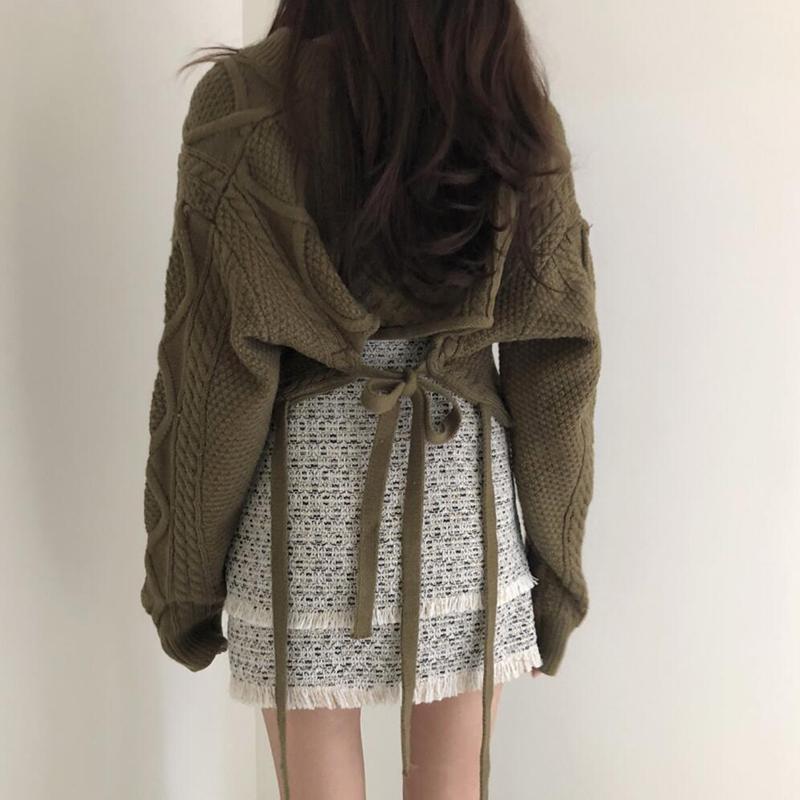 

WICCON Korean Twist Knitted Sweater Long Sleeve V-neck Short Pullover Knitwear 2020 Autumn Winter Back Lace Up Pull Femme, Just skirt