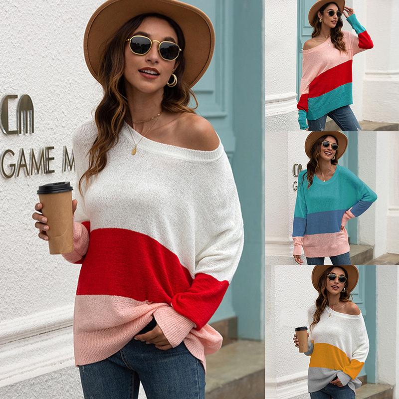 

Autumn Winter Women Patchwork Sweater Long Sleeve Knitted Loose Pullover Top Oversized Sweaters Pull Femme Sueter Mujer Invierno, Green