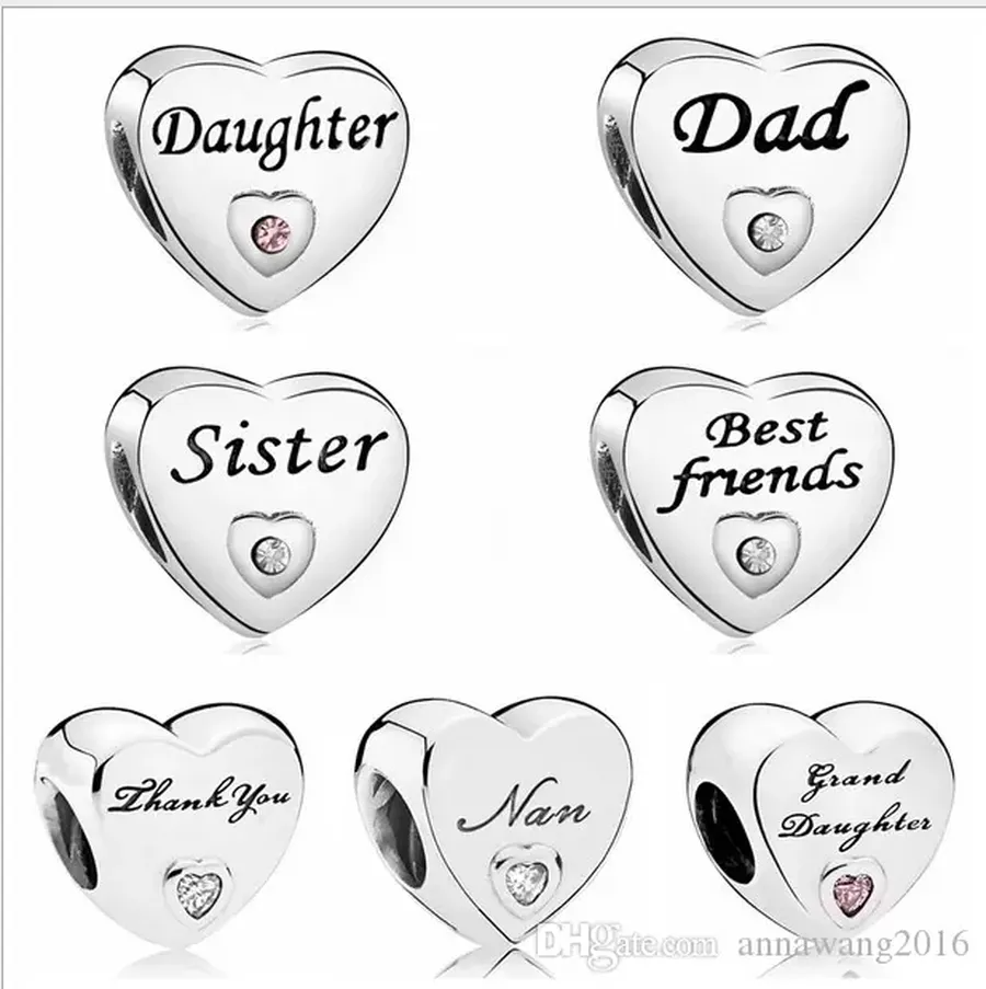 

Designer Jewelry 925 Silver Bracelet Charm Bead fit Pandora Love 20Pcs Best Daughter Sister Dad Thank You Slide Bracelets Beads European Style Charms Beaded Murano