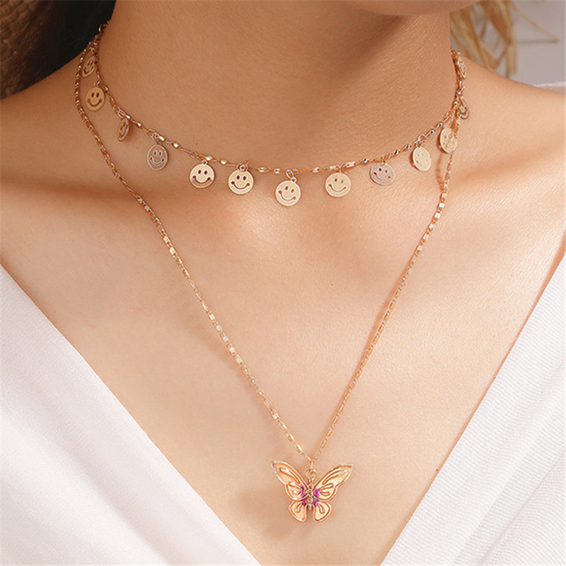 

Fashion Butterfly Pendant Necklaces For Women Circle Multilayer Gold Plated Link Chains Chokers Jewelry Valentine's Day Gift, Silver