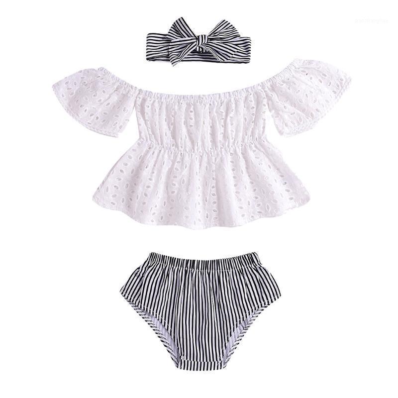 

2020 New Fashion new arrival Infant Baby Girls Off Shoulder Solid Lace Tops+Striped Shorts+Headband Outfits Dropshipping1, Beige