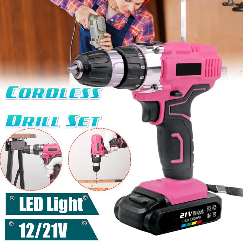 

12/21V Electric Screwdriver Household Hand Tool Set with Rechargeable Li-ion Battery Impact Drill Set For Woman or Pink Gift