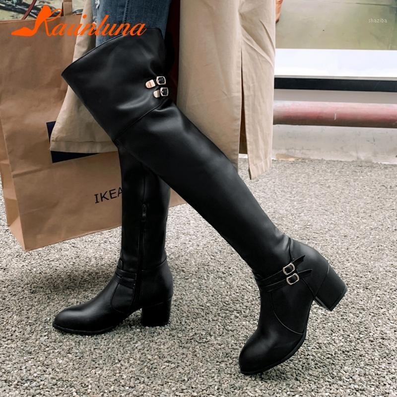 

Karin 2020 New Arrivals Over-the-knee Boots Metal Bukel Straps Zipper Thick Square Heels women shoes1, Black