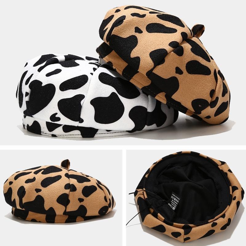 

Women Winter Vintage French Woolen Beret Cap Milk Cow Printed Harajuku Adjustable Octagonal Painter Newsboy Beanie Cap1, White
