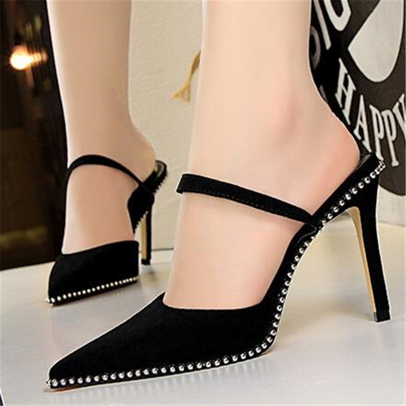 

New Rebite 2021 Back Breeches High Heels Women's Shoes Herd/plutonium Pointed to the Sexy Party Show Slender Sandals HK9U, Beige