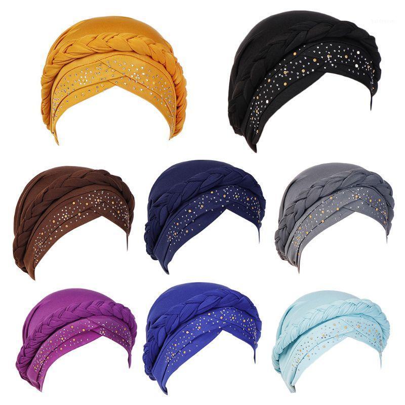 

Women Muslim Braid Turban Cap Rhinestone Chemo Head Wrap Hair Loss Beanie Hat 95AB1, Black