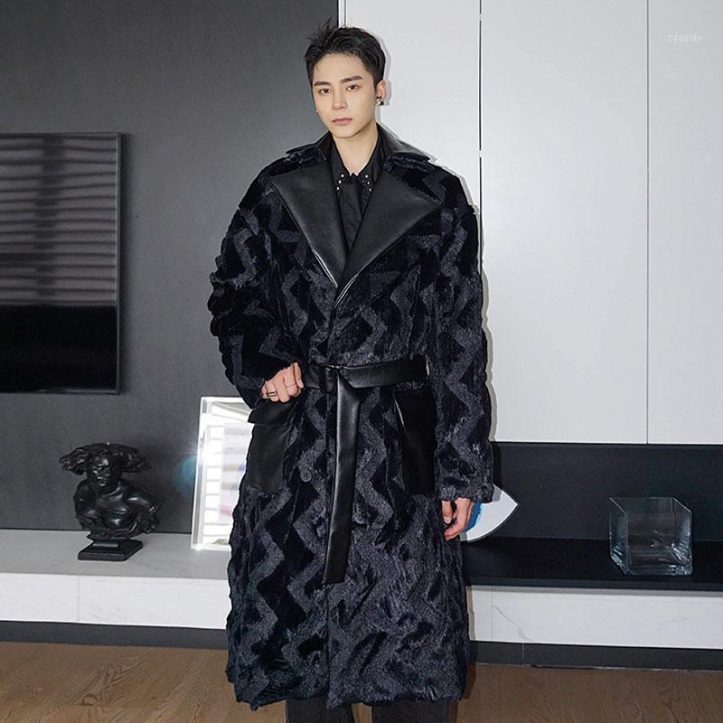 

Men PU Leather Splice Faux Fur Belt Thicken Warm Long Trench Coat Outerwear Male Streetwear Hiphop Vintage Cloak Jacket Overcoat1, 9988 black