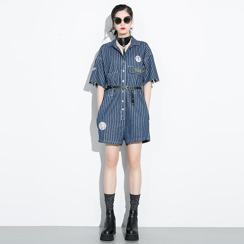 

2021 New Monkeys Jeans Shorts Women Stripes Pockets Jean Romper Playsuits Summer Single Short Casualties Ds50591 Gardener 0GMO, Blue.