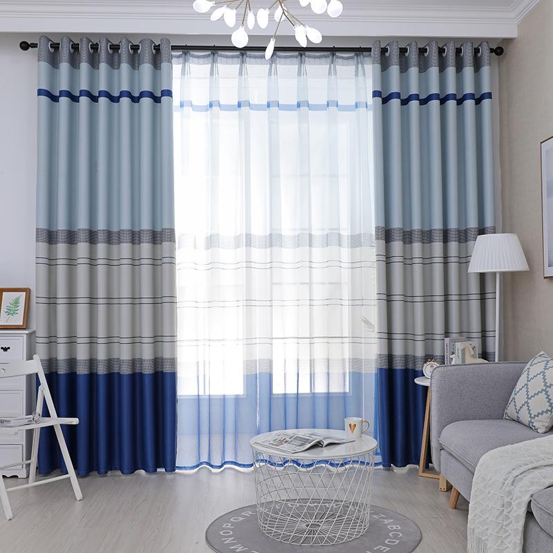 

Modern Minimalist Mediterranean Blue Stripes Full Shading Curtains for Living Dining Room Bedroom, Tulle