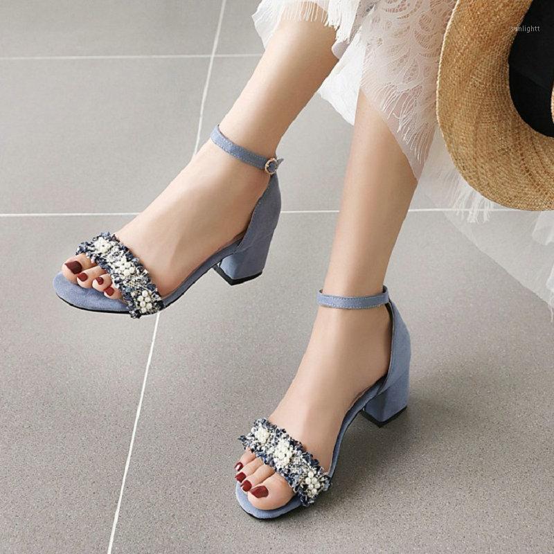 

ZawsThia extra plus size 33-48 checked plaid woman shoes with pearls open toe blue square chunky high heels trend sandals women1, Beige