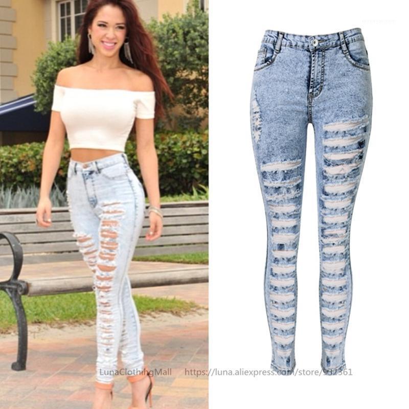 

European Fashion Stripe Ripped Skinny Jeans Women High Waist Elastic Denim Pants Boyfriend cowboy Jean For Women Plus Size 441, Black