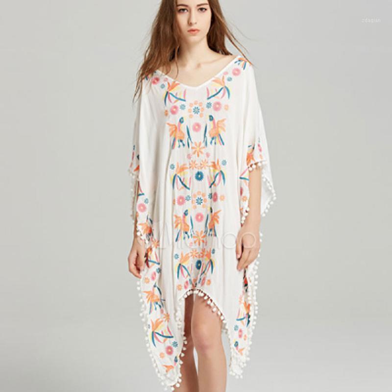 

2020 Vacation Style Cotton Embroidery V-neck Dress Bohemian Plus Size Kaftan Beach Cover up Dresses Slim fit Vestido A3651, White