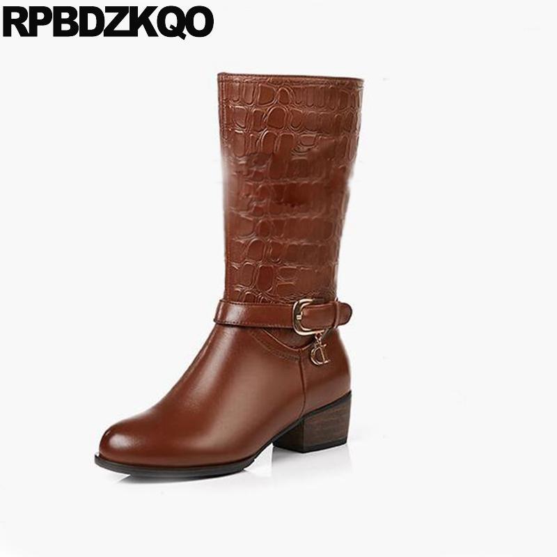 

mid calf block side zip boots brand chunky women metal shoes winter genuine leather round toe fashion brown fur 2020 embellished1, Black