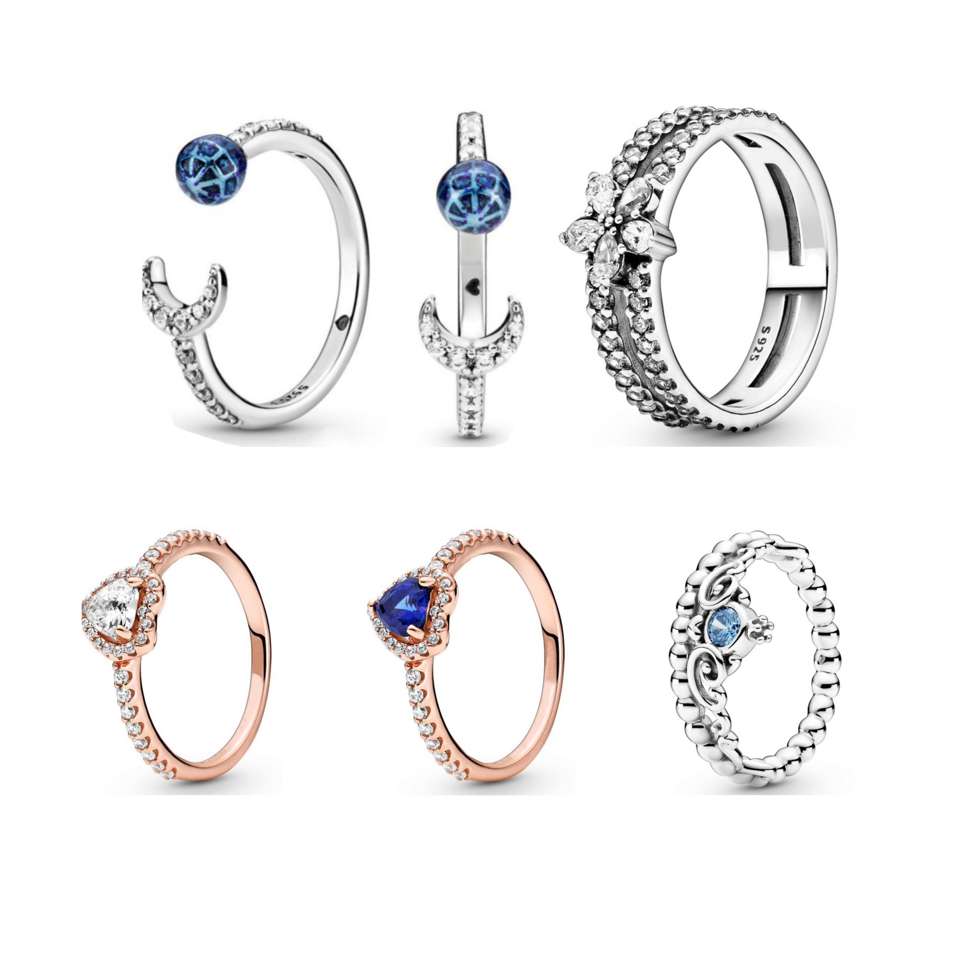 

2020 Winter 925 Sterling Silver Cinderella Rose Sparkling Elevated Snowflake Double Ring Earth & Moon Open Tiara Ring