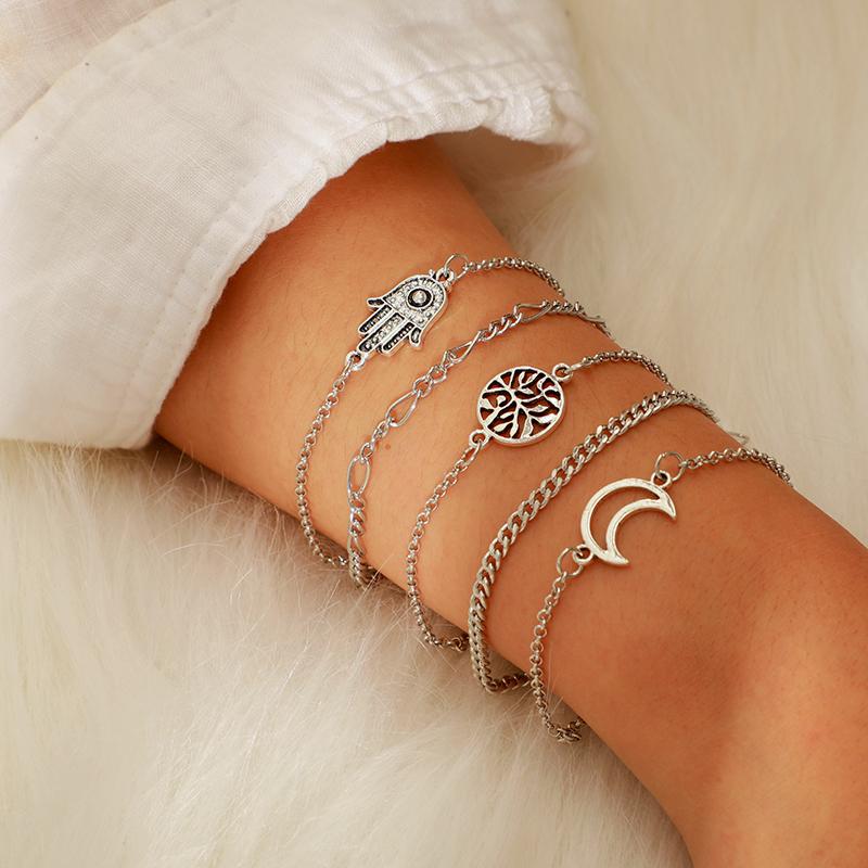 

Vintage Silver Color Hand Moon Tree Layered Bracelet Set for Women Girl Hollow Geometric Chains Bracelet Pulseiras 4176