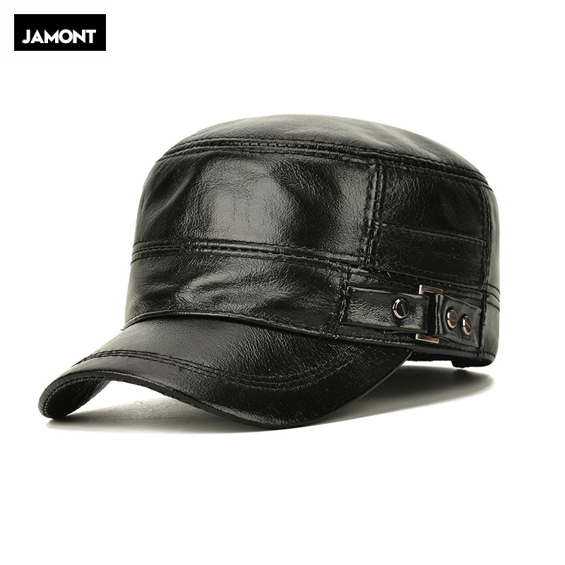 

JAMONT Genuine Leather Hat Autumn Men's Cowhide Flat Cap Army Hats Adjustable Middle-aged Classic Warm Earmuffs caps, Black