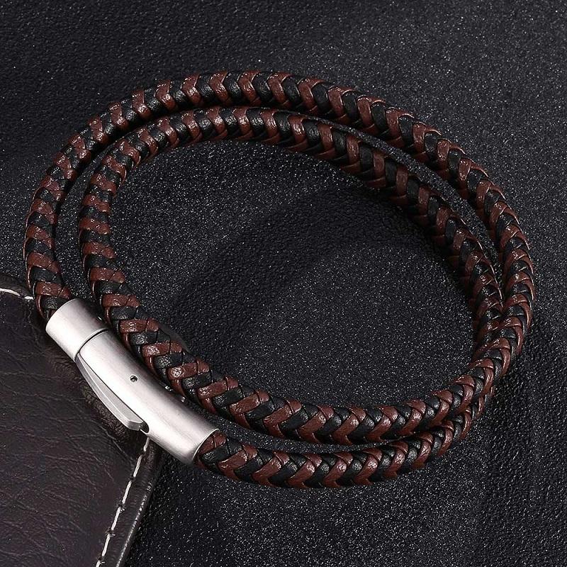 

Black Brown Leather Mix Braided Double Layer Bracelet Men Women Fashion Stainless Steel Snaps Accessories Unisex Jewelry Gifts