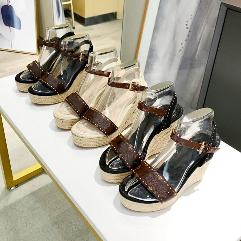 

2022 Womens Luxury Designer Summer Platform Wedge Espadrilles Sandal Ladies High Block Heel Peep Toe Ankle Strap Slipper Shoes, Brown